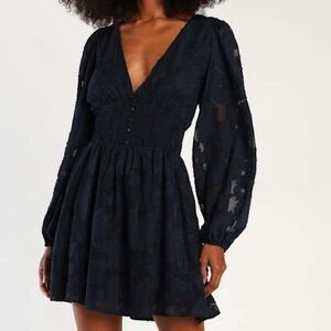 Lulus Tomorrow and Always Navy Blue Burnout Floral Mini Dress Size Medium